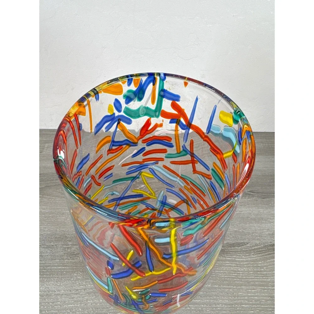 Vintage Pier 1 Imports Confetti Mouth Blown Art Glass Flower Vase Rainbow 11 in